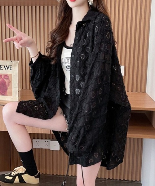 LETee(レティー)の「ハート透かし変わり織シャツ(シャツ/ブラウス・レディース・ブラック/ホワイト・FREE)」の13枚目の写真