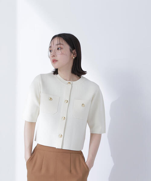 エンブレムボタン ニット ジャケット 半袖 ブラウン NATURAL BEAUTY BASIC｜エンブレムボタンニットジャケット半袖