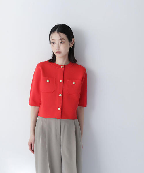 エンブレムボタン ニット ジャケット 半袖 ブラウン ◇【美人百花掲載】【WEB限定カラー：ダークブラウン