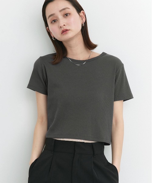 ad thie(アドティエ)の「リブクルーネック コンパクトTシャツ(Tシャツ/カットソー・レディース・オフホワイト/ブラック/チャコール/アイボリー/グレイッシュベージュ/アイボリー系/ブラック系/レッド/ブラウン・LARGE/MEDIUM/LL)」の4枚目の写真