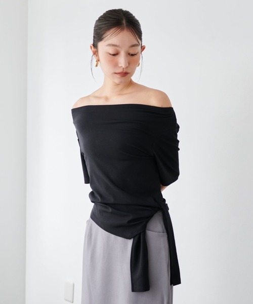 AD2021 archive デザインリボンカットソー トップス 黒 エステル セール】ウエストデザインドレープトップス（Tシャツ/カットソー