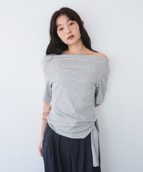 AD2021 archive デザインリボンカットソー トップス 黒 エステル インせず決まる 異素材使い デザイントップス（カットソー