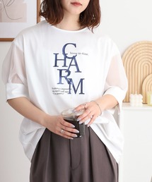 EGLANTINE CHARM 箔ロゴプリント 袖光沢シアーカットソー 5分袖Tシャツ