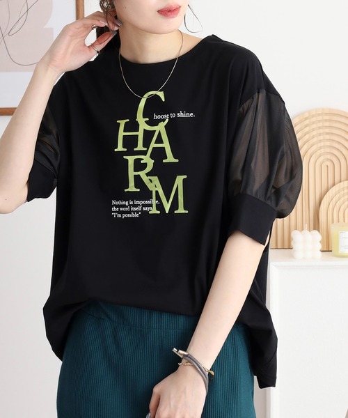 EGLANTINE(エグランティーヌ)の「EGLANTINE CHARM 箔ロゴプリント 袖光沢シアーカットソー 5分袖Tシャツ(Tシャツ/カットソー・レディース・チャコールグレー/オフホワイト/ブラック・40)」の9枚目の写真