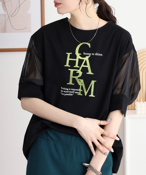EGLANTINE(エグランティーヌ)の「EGLANTINE CHARM 箔ロゴプリント 袖光沢シアーカットソー 5分袖Tシャツ(Tシャツ/カットソー・レディース・チャコールグレー/オフホワイト/ブラック・40)」の10枚目の写真