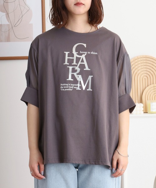 EGLANTINE(エグランティーヌ)の「EGLANTINE CHARM 箔ロゴプリント 袖光沢シアーカットソー 5分袖Tシャツ(Tシャツ/カットソー・レディース・チャコールグレー/オフホワイト/ブラック・40)」の16枚目の写真