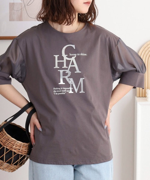 EGLANTINE(エグランティーヌ)の「EGLANTINE CHARM 箔ロゴプリント 袖光沢シアーカットソー 5分袖Tシャツ(Tシャツ/カットソー・レディース・チャコールグレー/オフホワイト/ブラック・40)」の12枚目の写真