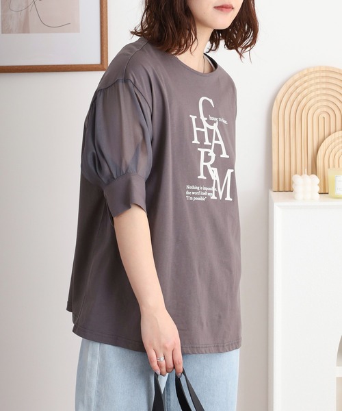 EGLANTINE(エグランティーヌ)の「EGLANTINE CHARM 箔ロゴプリント 袖光沢シアーカットソー 5分袖Tシャツ(Tシャツ/カットソー・レディース・チャコールグレー/オフホワイト/ブラック・40)」の13枚目の写真