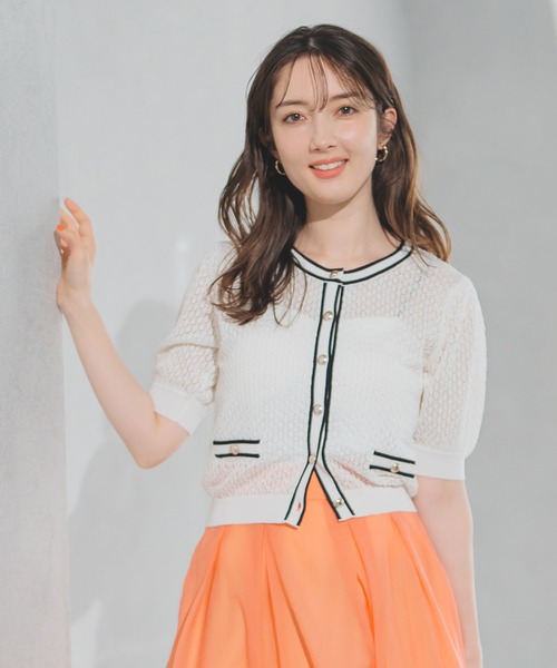 セール】2025春夏新作 バイカラー透かし柄ニットカーディガン