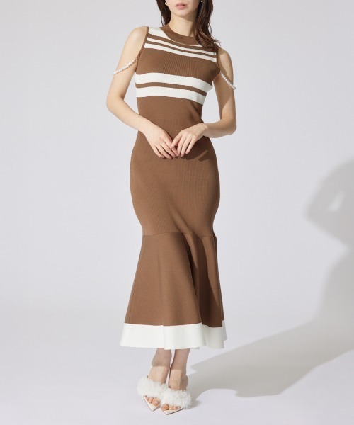 rienda(リエンダ)の「フェイクパールショルダージャガードニットワンピース 夏服 サマーニット(ワンピース・レディース・ブラウン/ブルー/ブラック・FREE)」の1枚目の写真