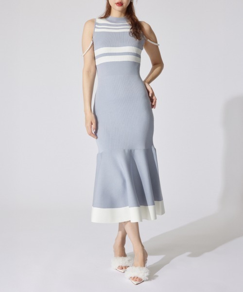 rienda(リエンダ)の「フェイクパールショルダージャガードニットワンピース 夏服 サマーニット(ワンピース・レディース・ブラウン/ブルー/ブラック・FREE)」の3枚目の写真