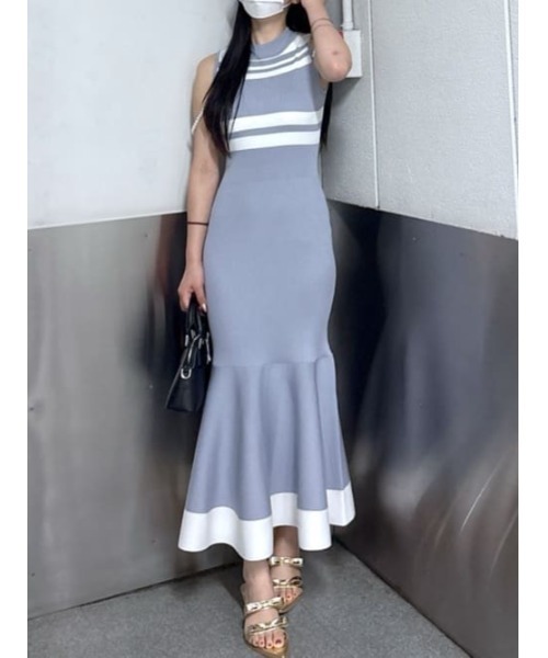フェイクパールショルダージャガードニットワンピース 夏服