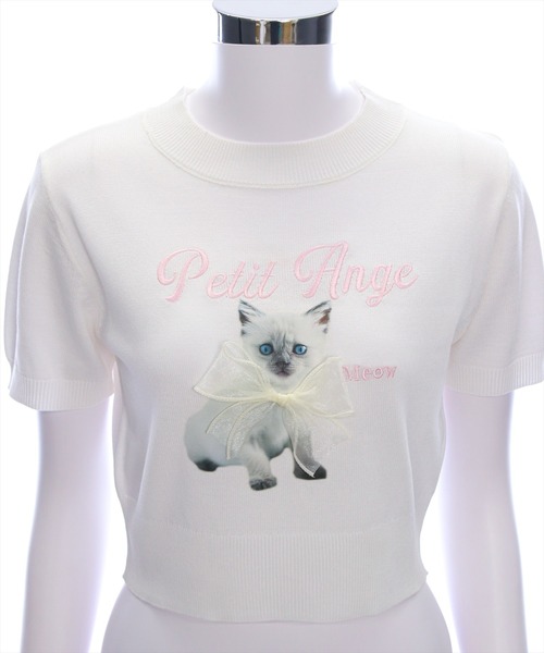 猫 フリル付き クロップド Tシャツ 半袖 リボン NOBRAND セール】アニマルプリントリボン半袖ニットトップス[猫 ガーリー