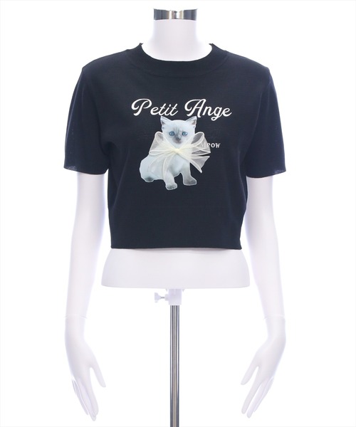 猫 フリル付き クロップド Tシャツ 半袖 リボン NOBRAND セール】ネコプリントリボン半袖ニットトップス[アニマル