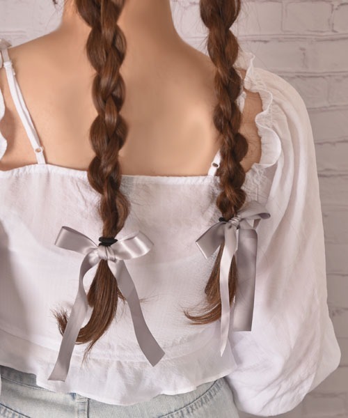 VIBGYOR Women（ヴィブジョー　ウィメン）の「【float】サテン リボン ヘアゴム【2個セット/12色展開】（ヘアゴム・レディース・ホワイト/ブラック/ネイビー/グレー/オフホワイト/ミント/ワインレッド/ラベンダー/チョコ/ベビーピンク/スモークピンク/グレー系・FREE）」の4枚目の写真