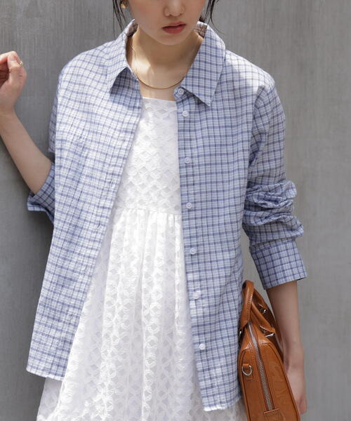 FREE'S MART（フリーズマート）の「◆シアースリムシャツ（シャツ/ブラウス・レディース・ブルー系その他/ホワイト/ブラウン・FREE）」の6枚目の写真