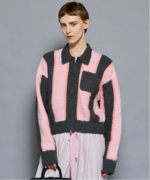 MAISON SPECIAL ストライプカーディガン MAISON SPECIAL カーディガン Front Zip Mesh Border Knitwear