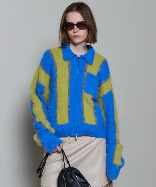 MAISON SPECIAL(メゾンスペシャル)の「Soutien Collar Stripe Zip Knit Cardigan/ステンカラーストライプジップニットカーデ(カーディガン/ボレロ・レディース・ピンク/ブルー・FREE)」の2枚目の写真