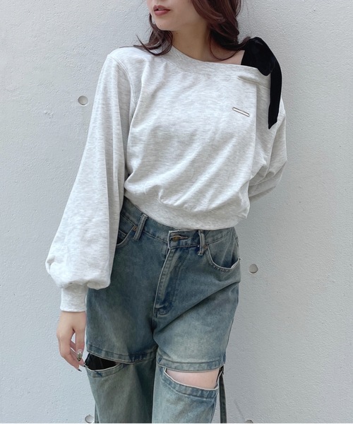 one way（ワンウェイ）の「リボンワンショルトレーナー（スウェット・レディース・グレー/ネイビー/アイボリー/チャコールグレー/ブラック/レッド/ブルー/ピンク・FREE）」の11枚目の写真