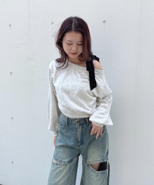 one way（ワンウェイ）の「リボンワンショルトレーナー（スウェット・レディース・グレー/ネイビー/アイボリー/チャコールグレー/ブラック/レッド/ブルー/ピンク・FREE）」の13枚目の写真