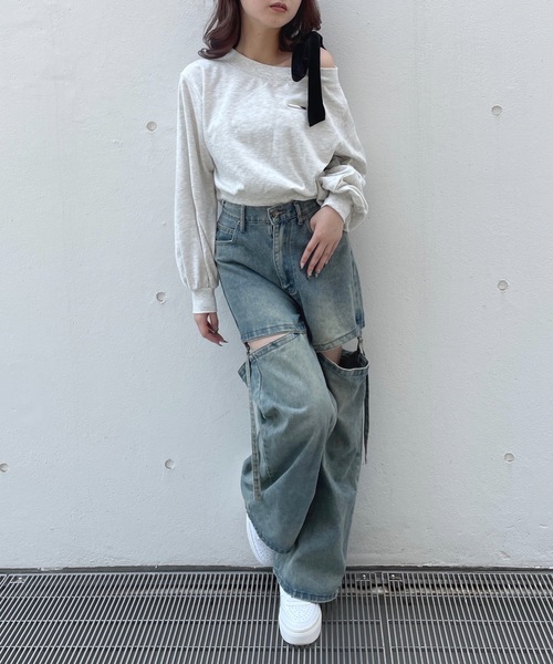 one way（ワンウェイ）の「リボンワンショルトレーナー（スウェット・レディース・グレー/ネイビー/アイボリー/チャコールグレー/ブラック/レッド/ブルー/ピンク・FREE）」の14枚目の写真