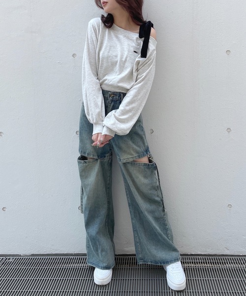 one way（ワンウェイ）の「リボンワンショルトレーナー（スウェット・レディース・グレー/ネイビー/アイボリー/チャコールグレー/ブラック/レッド/ブルー/ピンク・FREE）」の16枚目の写真