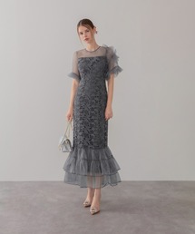 Leja(レジャ)の【LEJA】アシンメトリーチュールスリーブレースフリルヘムIラインワンピースドレス美脚効果結婚式 パーティードレス 成人式 二次会 同窓会 お呼ばれ オケージョン 20代 30代(ドレス)