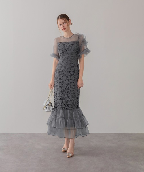 【新品未使用】LEJA ドレス Mサイズ セール】【LEJA】アシンメトリーチュールスリーブレースフリルヘムI