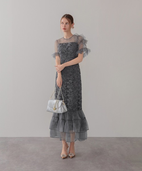 アシンメトリーチュールスリーブレースフリルヘムIラインワンピースドレス結婚式 LEJA】アシンメトリーチュールスリーブレースフリルヘムIライン