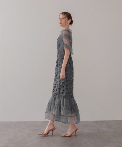 LEJA】アシンメトリーチュールスリーブレースフリルヘムIライン