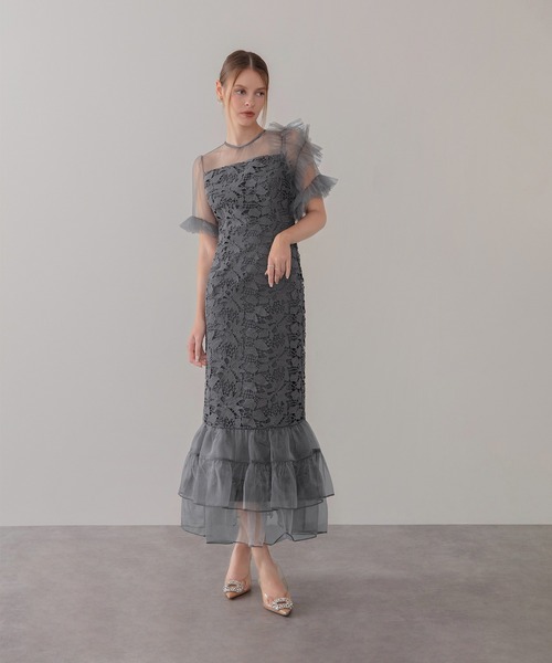 LEJA】アシンメトリーチュールスリーブレースフリルヘムIライン