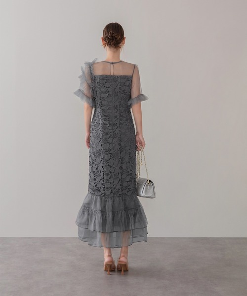 【LEJA】アシンメトリーチュールスリーブレースフリルヘムIラインワンピースドレス美脚効果結婚式 パーティードレス 成人式 二次会 同窓会 お呼ばれ オケージョン 20代 30代