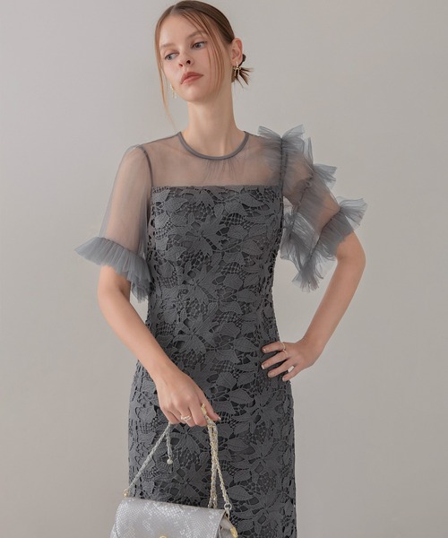 LEJA】アシンメトリーチュールスリーブレースフリルヘムIライン