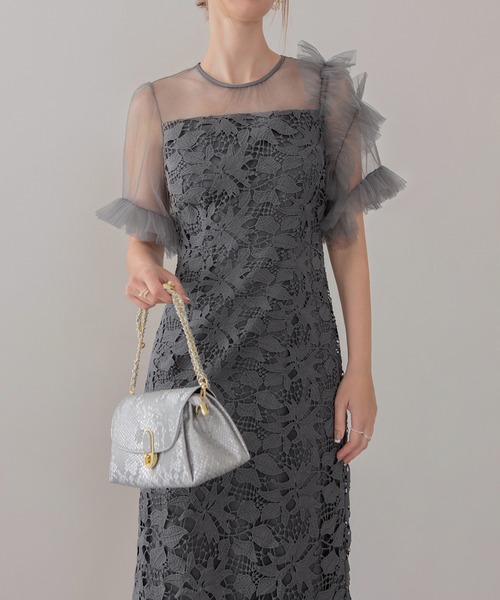 セール】【LEJA】アシンメトリーチュールスリーブレースフリルヘムI