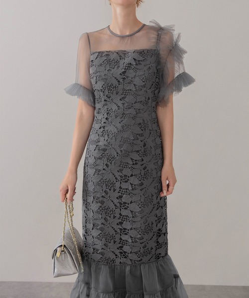 セール】【LEJA】アシンメトリーチュールスリーブレースフリルヘムI