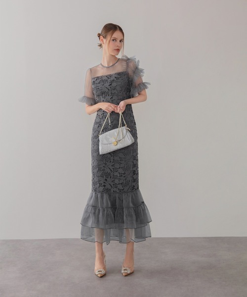 セール】【LEJA】アシンメトリーチュールスリーブレースフリルヘムI