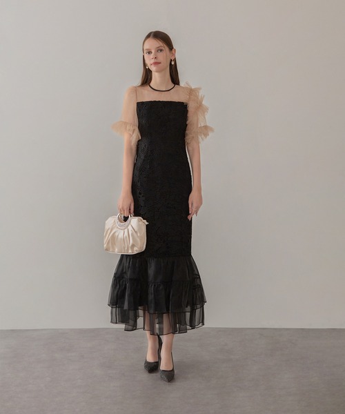 LEJA】アシンメトリーチュールスリーブレースフリルヘムIライン