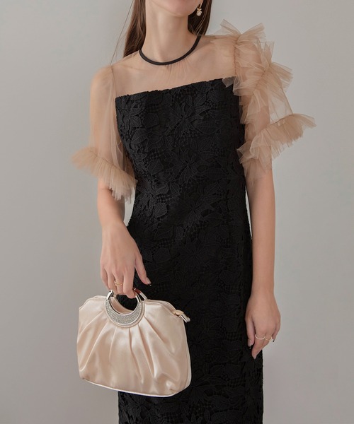 【LEJA】アシンメトリーチュールスリーブレースフリルヘムIラインワンピースドレス美脚効果結婚式 パーティードレス 成人式 二次会 同窓会 お呼ばれ オケージョン 20代 30代