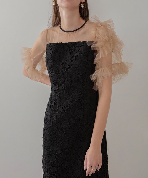 【LEJA】アシンメトリーチュールスリーブレースフリルヘムIラインワンピースドレス美脚効果結婚式 パーティードレス 成人式 二次会 同窓会 お呼ばれ オケージョン 20代 30代