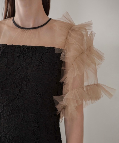 LEJA】アシンメトリーチュールスリーブレースフリルヘムIライン