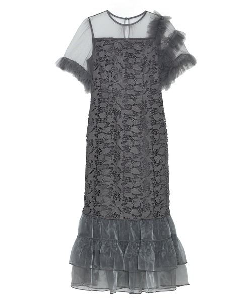 LEJA】アシンメトリーチュールスリーブレースフリルヘムIライン