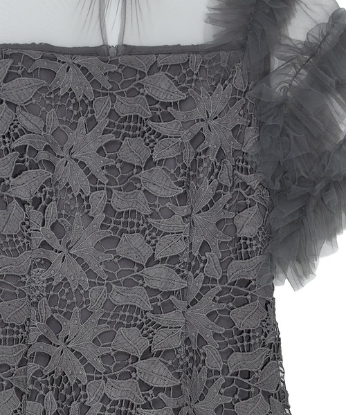 【LEJA】アシンメトリーチュールスリーブレースフリルヘムIラインワンピースドレス美脚効果結婚式 パーティードレス 成人式 二次会 同窓会 お呼ばれ オケージョン 20代 30代