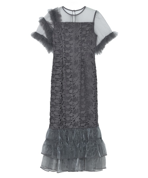 セール】【LEJA】アシンメトリーチュールスリーブレースフリルヘムI