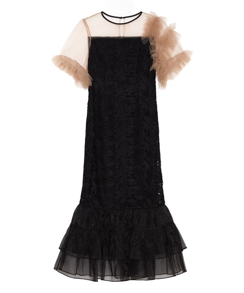 【LEJA】アシンメトリーチュールスリーブレースフリルヘムIラインワンピースドレス美脚効果結婚式 パーティードレス 成人式 二次会 同窓会 お呼ばれ オケージョン 20代 30代