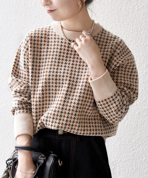 SHIPS any:〈手洗い可能〉モールヤーン クルーネック ロゴ 千鳥柄 プル