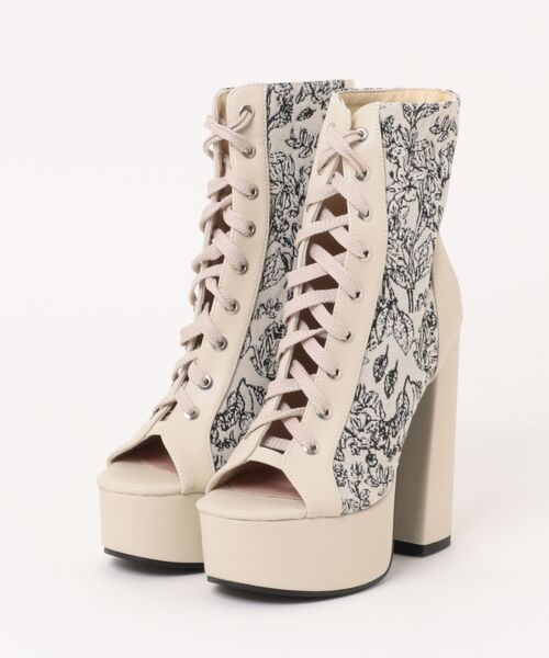 DURAS(デュラス)の「フローラルジャカードショートブーツ/レースアップブーツ(ブーツ・レディース・ブラック/アイボリー・MEDIUM/LARGE)」の4枚目の写真