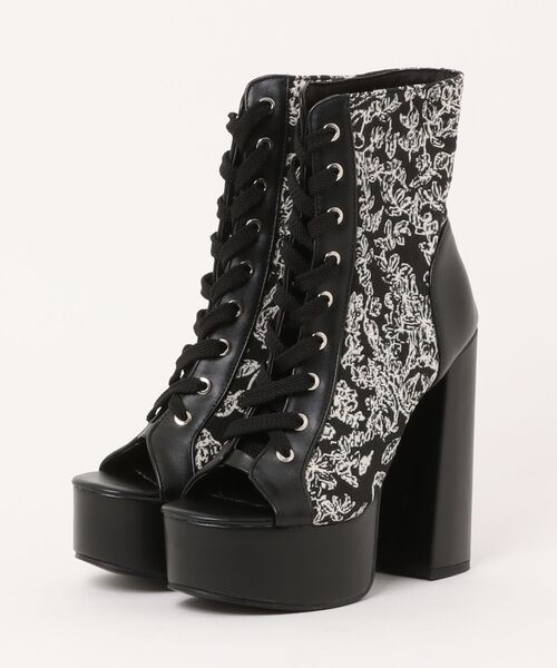 DURAS(デュラス)の「フローラルジャカードショートブーツ/レースアップブーツ(ブーツ・レディース・ブラック/アイボリー・MEDIUM/LARGE)」の8枚目の写真