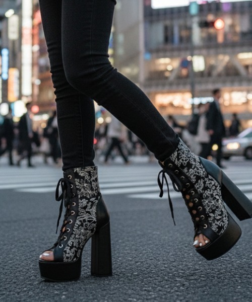 DURAS(デュラス)の「フローラルジャカードショートブーツ/レースアップブーツ(ブーツ・レディース・ブラック/アイボリー・MEDIUM/LARGE)」の19枚目の写真