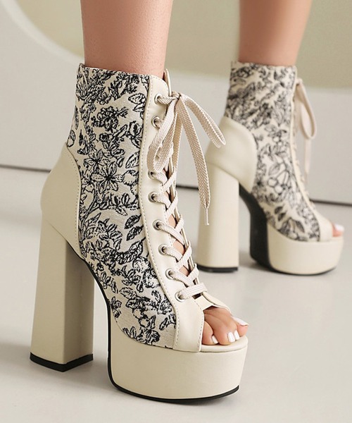 DURAS(デュラス)の「フローラルジャカードショートブーツ/レースアップブーツ(ブーツ・レディース・ブラック/アイボリー・MEDIUM/LARGE)」の22枚目の写真