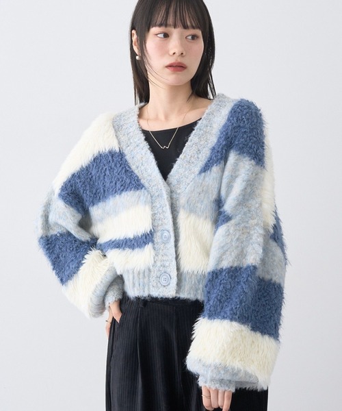 ポンポンヤーンミックスインターシャカーディガン（ニット/セーター